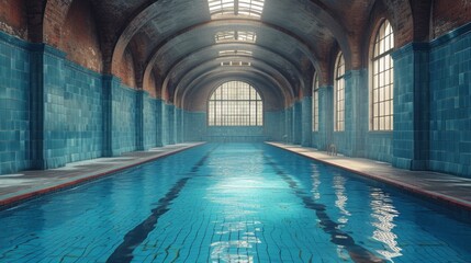 Classic indoor pool with blue tiles, arched brick ceiling, and large windows casting natural light - obrazy, fototapety, plakaty