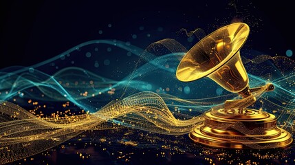 Gold gramophone with gold musical notes isolated on black background.Generative AI