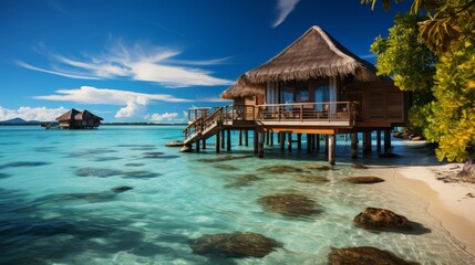 Overwater bungalow in a tropical lagoon, clear blue water, focus on the unique and luxurious accommodation style, symbolizing the dream of tropical li - obrazy, fototapety, plakaty