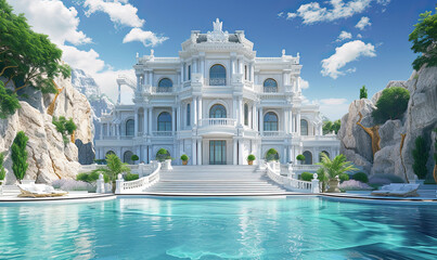 luxurious decor house with huge swimming pool . Front view of villa with palm trees and whirlpool.Generative AI