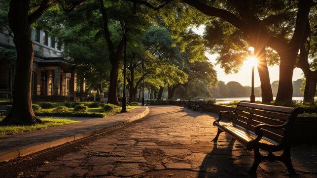 Serene city park at dawn, empty benches, dew on the grass, trees and a winding path, conveying the tranquility and beauty of urban green spaces, Photo
