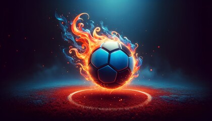 Fototapeta premium a soccer ball with a bright blue panel design engulfed in stylized orange flames