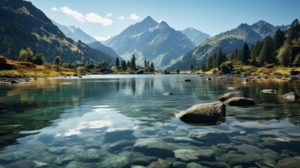 Tranquil lake reflecting a perfect mirror image of mountains and sky, serene and symmetrical, capturing the beauty and calmness of natural reflections - obrazy, fototapety, plakaty