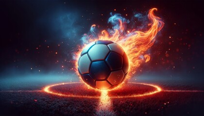 Fototapeta premium a soccer ball with a bright blue panel design engulfed in stylized orange flames