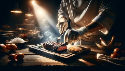Chef Preparing Steak in a Rustic Kitchen - obrazy, fototapety, plakaty