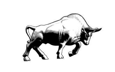 Bull running gore engraving isolated on white BG