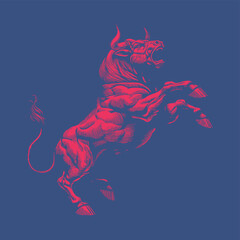 Red stencil of exciting bull isolated on blue BG