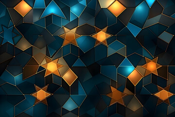 a stained glass pattern with blue and gold stars on a dark background - obrazy, fototapety, plakaty