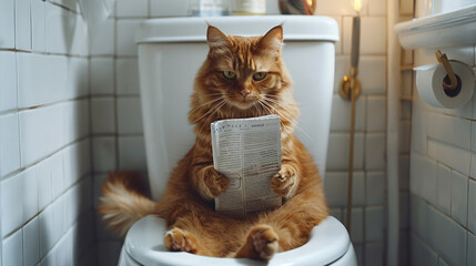 Cat sits on toilet reading newspaper