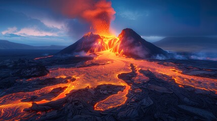 A breathtaking aerial view of a volcanic eruption, with plumes of ash and smoke billowing into the - obrazy, fototapety, plakaty