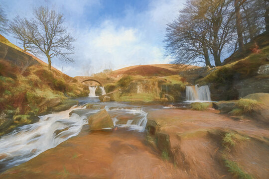 Digital oil painting of a rural landscape scene in the Peak District National Park, England, UK.