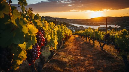 Vineyard rows at sunset, warm light bathing the grapevines, picturesque and productive aspect of rural agriculture, Photorealistic, vineyard at sunset - obrazy, fototapety, plakaty