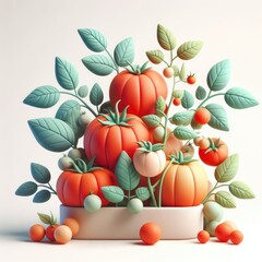 Tomato Plant with Leaves. 3D minimalist cute illustration on a light background.