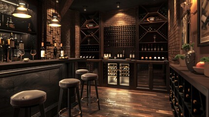 Design a sophisticated wine cellar or bar area where the owner can entertain guests with fine wines and cocktails. - obrazy, fototapety, plakaty