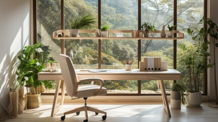 Office space with minimalist design, clean desk, ergonomic chair, and natural light, focusing on the productivity and clarity of a minimal workspace,
