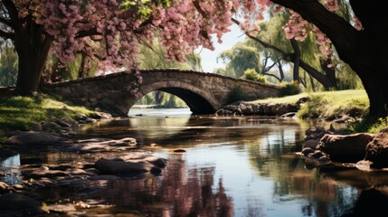 Fototapeta na wymiar Old stone bridge over a tranquil creek in a village, blooming flowers and weeping willows, symbolizing the timeless beauty and charm of rural settings