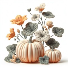 Pumpkin Plant with Leaves. 3D minimalist cute illustration on a light background.