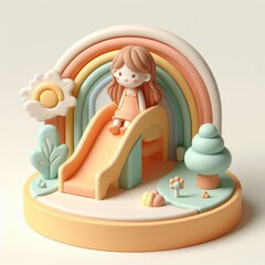 Little Girl on a Children's Slide. 3D minimalist cute illustration on a light background.