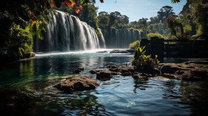 Vibrant rainbow arching over a cascading waterfall, lush greenery surrounding, mist in the air, showcasing the harmony and color of natural spectacles