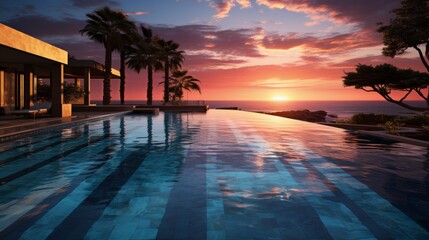 Infinity pool overlooking the ocean at sunset, calm water reflecting the colorful sky, embodying the serenity and beauty of luxury travel, Photorealis