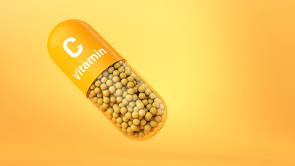 Orange pill or capsule filled with vitamin C.3D Rendering.