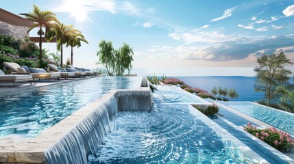 Describe the infinity pool overlooking the ocean, complete with elegant water features and comfortable lounge chairs.