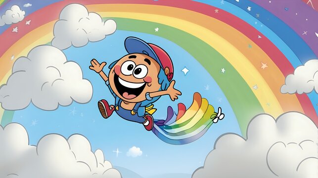 A joyful cartoon character flying on a rainbow, leaving a trail of happiness.