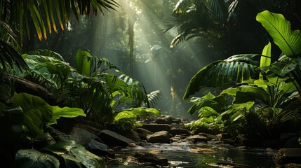 Sunlight filtering through the thick foliage of a tropical rainforest, vibrant flora and fauna, humid and alive with nature??Ts chorus, Photography, s - obrazy, fototapety, plakaty