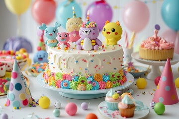 A playful and colorful birthday cake adorned with charming fondant characters and vibrant decorations. 
