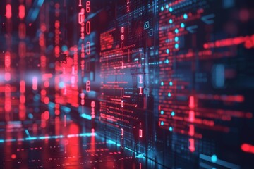 Vivid depiction of a digital data stream in binary code with a deep focus on glowing blue and red numbers against a dark backdrop