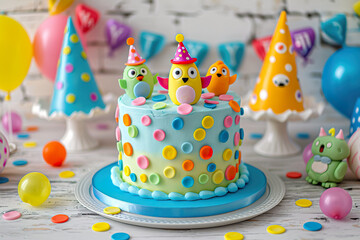 A whimsically decorated cake with colorful polka dots and charming fondant characters. 