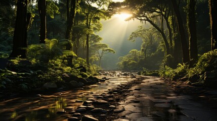 Wide panorama of a dense tropical rainforest, lush green canopy stretching to the horizon, symbolizing the richness and diversity of nature, Photoreal - obrazy, fototapety, plakaty