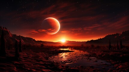 Wide-angle shot of a landscape under a full lunar eclipse, reddish hue on the moon, darkened surroundings, emphasizing the dramatic impact of eclipses