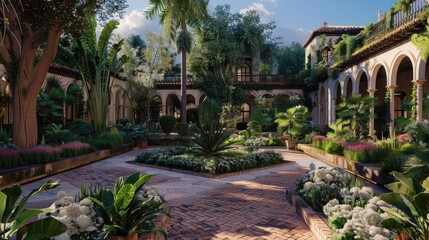Obraz premium Create a lush garden or courtyard area within the mansion's grounds, complete with exotic flowers and plants.