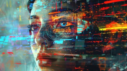 Composite image blending a human face with digital elements, representing the convergence of human consciousness with artificial intelligence
