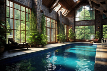 Modern interior of luxury private house. Swimming pull in cottage. Glass wall - obrazy, fototapety, plakaty