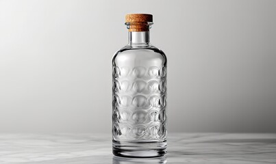 Transparent bottle with a cap on a light background.