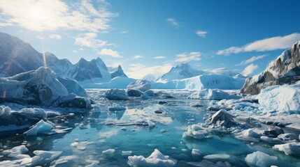 Fototapeta na wymiar Majestic glacier in an arctic region, blue ice contrasting with dark rocky terrain, a clear sky above, showcasing the rugged beauty of polar landscape