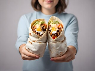 The girl is holding a burrito. Mexican cuisine. Burritos in hand for printing on advertisements, menus.