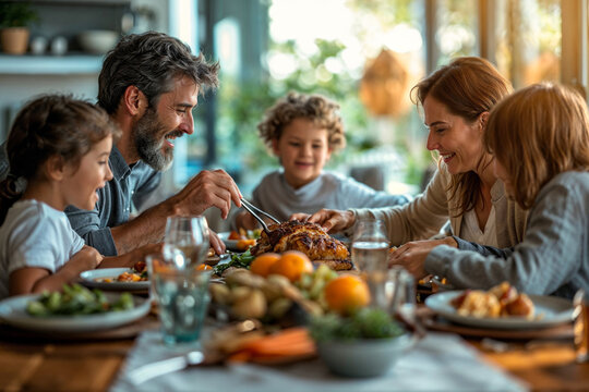 Joyful family sharing a delicious meal around dining table.