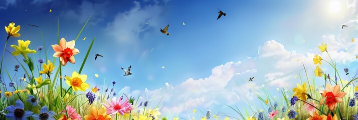 Flowers Adorning a Fresh Lawn with the Graceful Flight of a Swallow - A Captivating Spring Banner. Made with Generative AI Technology - obrazy, fototapety, plakaty