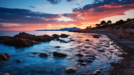 Obraz premium Long exposure of a beach at twilight, smooth water and a sky streaked with colors, peaceful and dreamy seascape, Photography, long exposure for a silk
