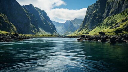 Majestic fjords with steep cliffs and deep blue waters, serene sky, conveying the tranquility and magnificence of glacially carved landscapes, Photore - obrazy, fototapety, plakaty