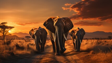 Herd of elephants walking across the African savannah at sunset, acacia trees and distant mountains, highlighting the majesty of wildlife in their nat - obrazy, fototapety, plakaty