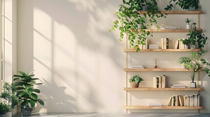 A contemporary-style bookshelf adorned with plants that serves as a modern decorative element for virtual office backdrops - obrazy, fototapety, plakaty