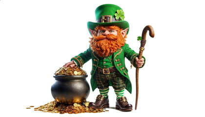 Cheerful leprechaun in green attire with hat, holding cane and pot of gold coins, embodies spirit of St. Patrick's Day festivities, isolated on white background