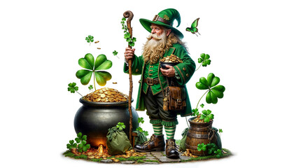 Whimsical leprechaun wizard in green attire stands by pot of gold, with clovers and butterfly around, symbolizing luck and St. Patrick's Day, isolated on white background - obrazy, fototapety, plakaty