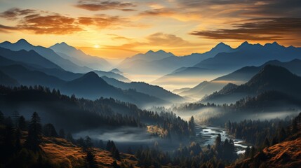 Majestic mountain range at sunrise, peaks illuminated by the first light, valleys shrouded in mist, a sense of grandeur and awe, Photography, panorami - obrazy, fototapety, plakaty