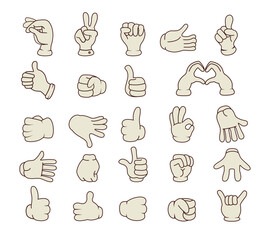 Set and collection of hands in different positions of comic character. Groovy design. Hippie and 70s style elements. Cute and fun character. Vector. Glove. Sticker pack. High five. Vintage mascot