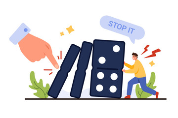 Fototapety  Proactive crisis management, conflict and struggle for stability of company. Giant hand of businessman pushing domino blocks, tiny man trying to stop falling with effort cartoon vector illustration